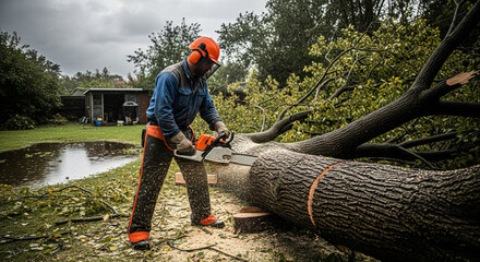 A worker uses a chainsaw to cut down a fallen tree in the yard of his home, during a recent storm, hurricane and bad weather