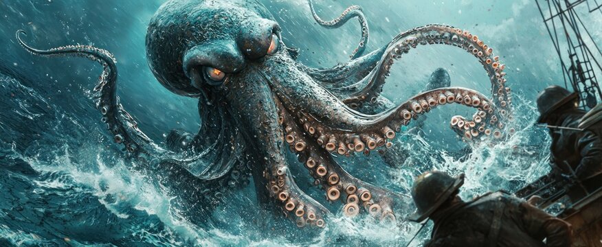 A giant squid attacks the Nautilus of captain Nemo, a scene from Jules Verne’s novel 20000 Leagues Under the Sea. 3d render painting