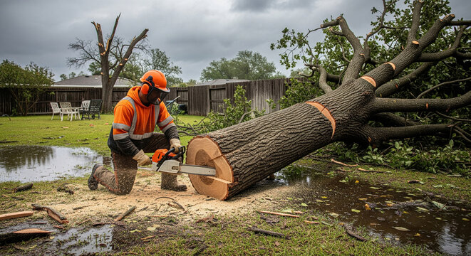 A worker uses a chainsaw to cut down a fallen tree in the yard of his home, during a recent storm, hurricane and bad weather - Powered by Adobe