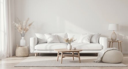 Fototapeta premium Modern Minimalist Living Room Interior with White Sofa