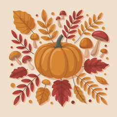 Autumn Pumpkin and Mushrooms with Leaves Seasonal Design