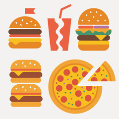 Flat design illustration of burgers soda and pizza on white background hamburger cheeseburger