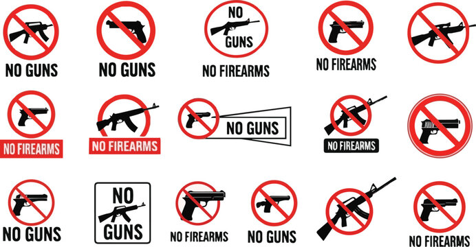 Isolated a kinds of deferent no guns sign, no firearms symbol vector art with white background.