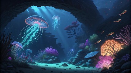 Vibrant underwater cave with glowing jellyfish and coral silhouette