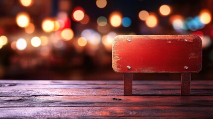 A rustic red sign sits on a weathered wooden table, with a blurred backdrop of lights creating a warm ambiance, Ideal for cafe menus, announcements, or decorative pieces in cozy settings,