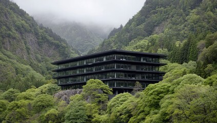 Modern building nestled in lush mountains