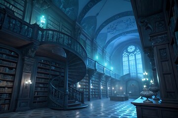 Mysterious ancient library with glowing lights and spiral staircase silhouette