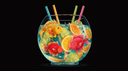 Colorful fishbowl cocktail with goldfish, citrus slices, and straws on dark background