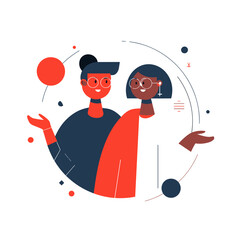 Two women smiling and talking together in a colorful graphic design  