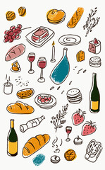 Food and drinks arrangement with wine, bread, and fruit illustrations  