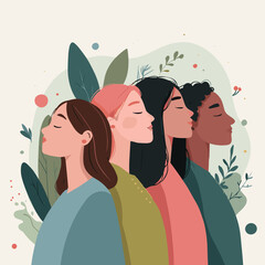 Diverse women standing in profile surrounded by foliage background  