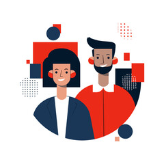 Young man and woman standing together with geometric shapes background  