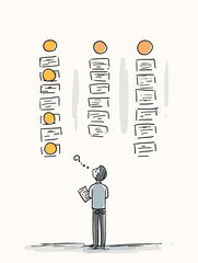 Man contemplating choices in decision-making with charts above him  