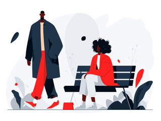 Woman sitting on a bench while man walks by in a park  