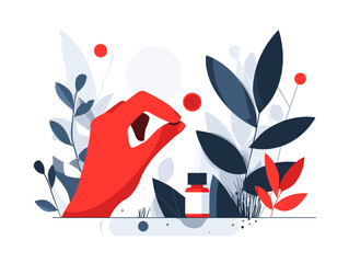 Hand picking herbal supplement bottle surrounded by foliage  