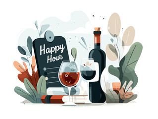 Wine bottle and glass with happy hour sign and greenery background  