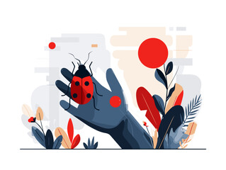 Hand holding ladybug among colorful plants and abstract shapes  