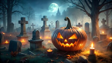 Spooky halloween pumpkin jack o lantern glowing in a foggy cemetery at night under a full moon with candles and tombstones