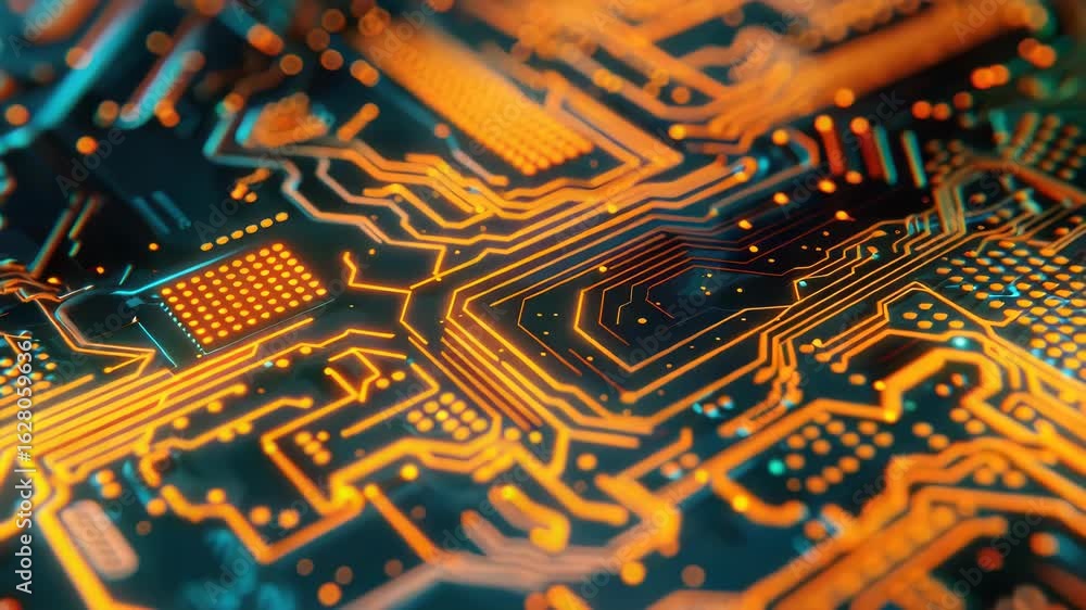 Poster close-up shot of an electronic circuit board with various components and wires