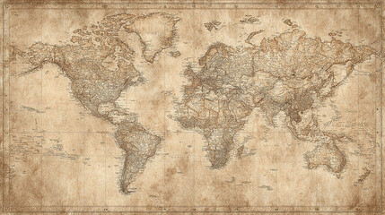 Naklejka premium Vintage world map with aged parchment texture, detailed cartography in warm sepia tones for an antique aesthetic.