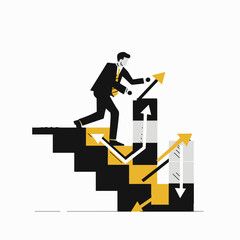 Businessman climbing stairs with arrows symbolizing success and progress  