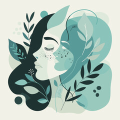 Abstract illustration of two female profiles surrounded by leaves  