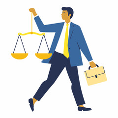 Man in suit walking with scales of justice and briefcase  