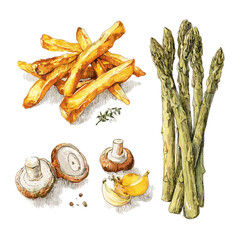 Colorful vegetable illustration featuring fried sweet potatoes and asparagus  
