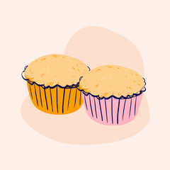 Two colored cupcakes on pastel background in playful style  