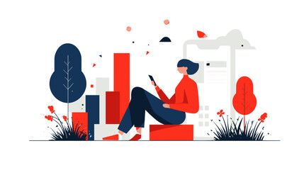 Woman sitting and using smartphone in modern urban environment  