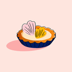 Dessert tart with colorful heart-shaped decorations on pink background  