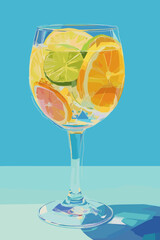 Colorful cocktail glass filled with citrus fruits on blue background  