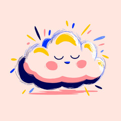 Happy cartoon cloud with closed eyes and colorful rays on pastel background  