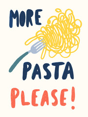 Whimsical illustration of fork with pasta and playful typography design  