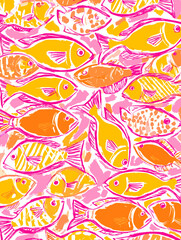 Colorful fish pattern in vibrant pink and orange hues  