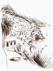 Coastal village sketch with palm trees and sea view in sepia tones  