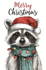 Raccoon wearing Santa hat and scarf with Christmas lights illustration  