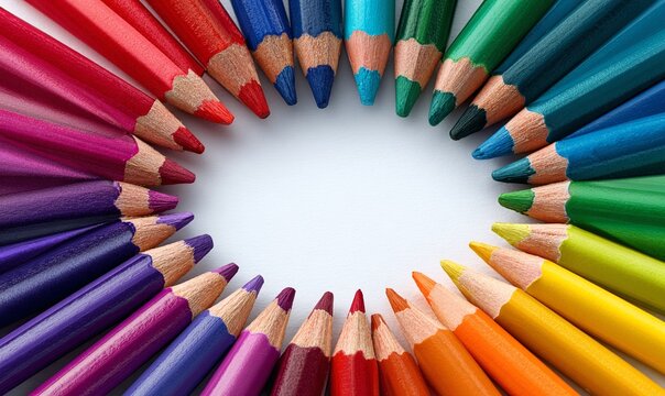 Cerchio di matite colorate su sfondo bianco
