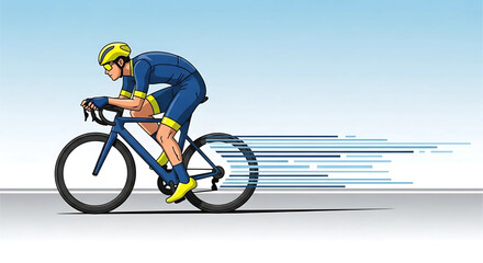 A stylized cyclist races forward with blurred speed effect conveying motion and athleticism, demonstrating endurance and determination in a dynamic digital illustration