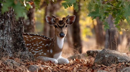 Spotted deer resting near a tree in a forest with leaves scattered on the ground and blurred background