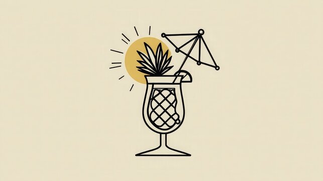Minimalist line art of a pineapple cocktail with umbrella on a beige background