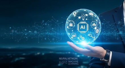 Businessman holding futuristic ai sphere representing neural network concepts