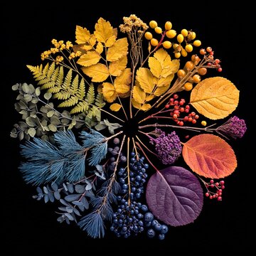 Composizione di foglie, aghi di pino e bacche colorate a raggiera
