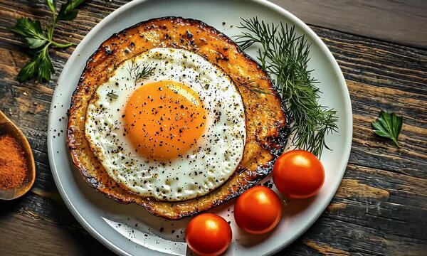 Fried egg atop toasted flatbread with cherry tomatoes.