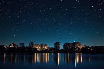 Stock photo of a city skyline during Earth Hour, buildings dark with a glowing starry night sky, long-exposure photography