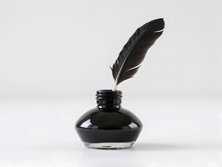 Shiny black ink bottle with curved feather quill on light background, minimal still life for classic writing and poetic inspiration themes