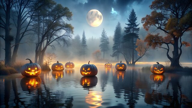 Halloween pumpkins glowing on a misty lake at night under a full moon with reflections in the water