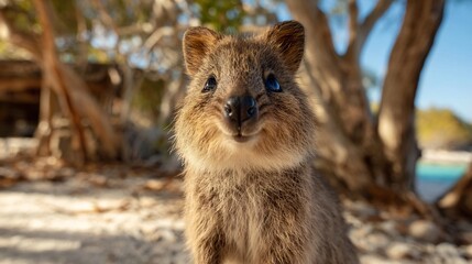 Close up shot of a quokka standing on a beach with trees and blue water in the background on a sunny day