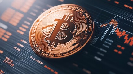 A close-up of a Bitcoin on a digital trading interface, showcasing fluctuating graphs and market data, Ideal for finance articles, cryptocurrency trading platforms