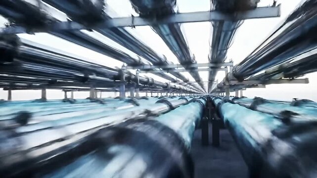 Endless rows of pipelines, reflecting the sky, stretch into the distant vanishing point